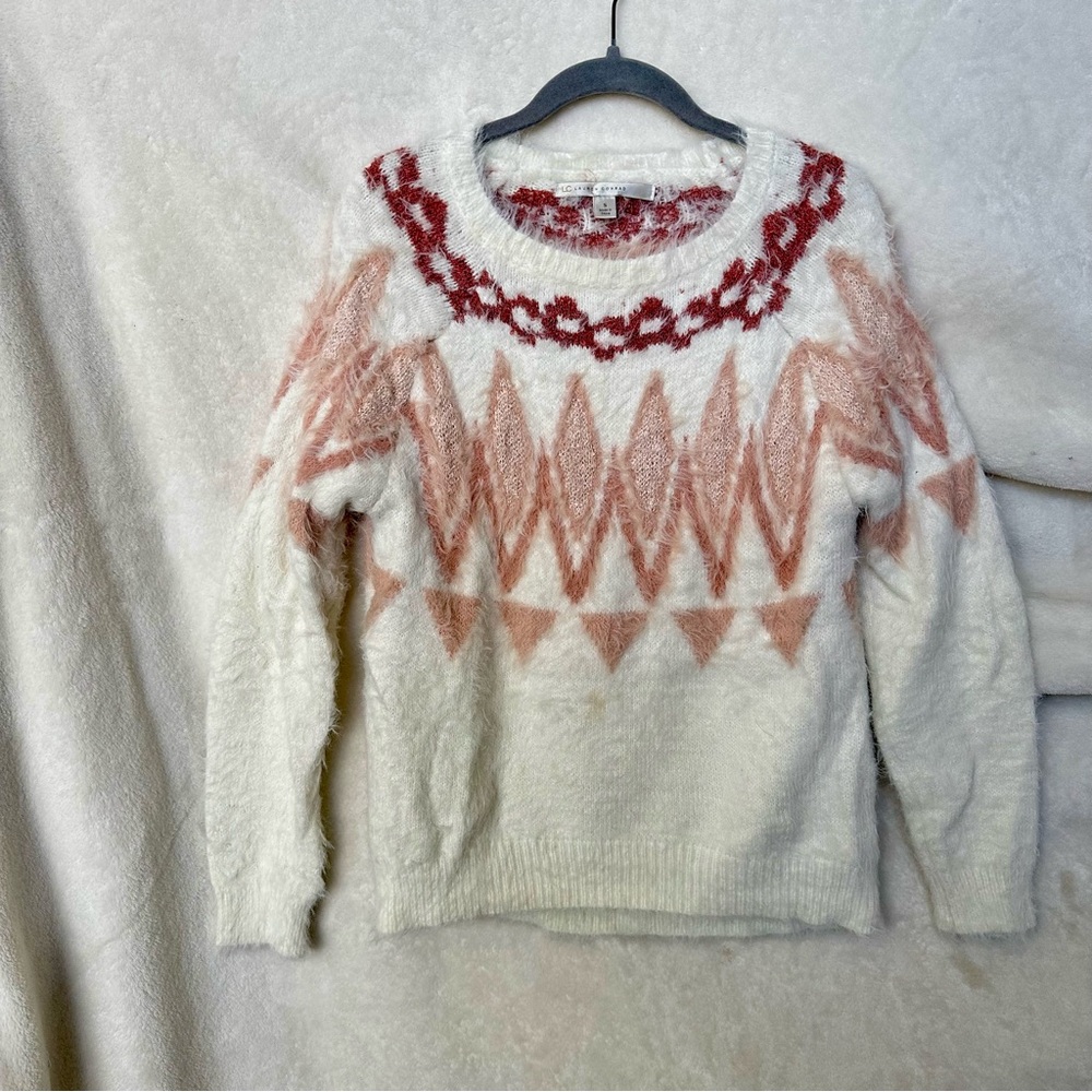 LC Lauren Conrad Cream Pink Fair Isle Eyelash Fuzzy Knit Pullover Sweater Sz S